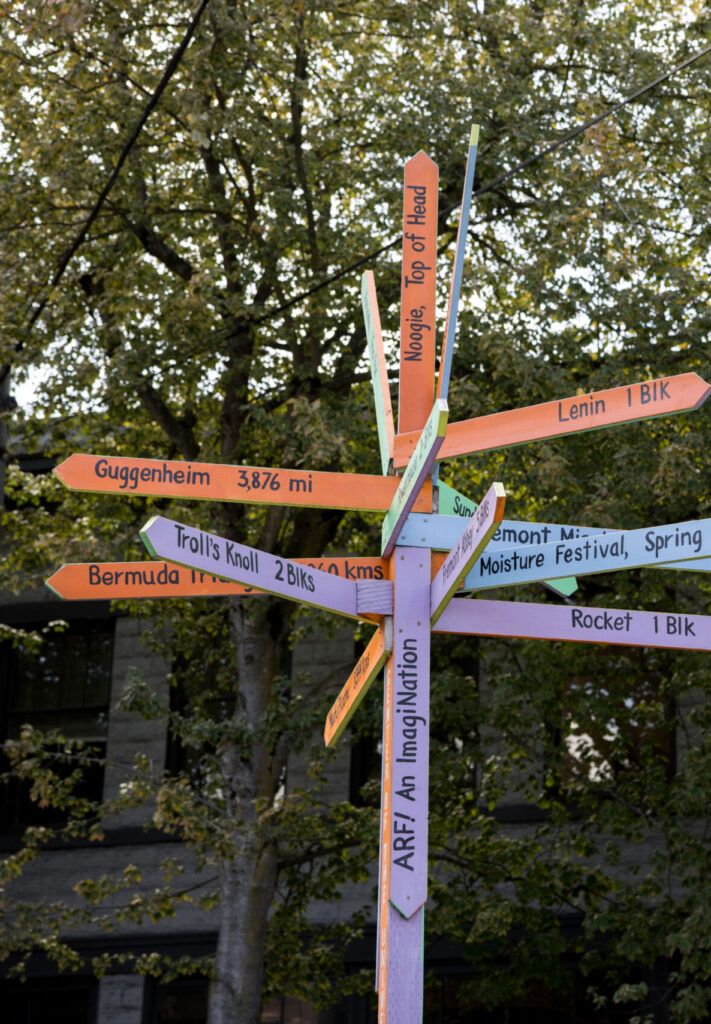 A street sign pointing out distance to world known destinations, such as Guggenheim museum and bermuda triangle